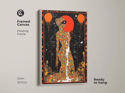 White framed canvas showcasing psychedelic figure art. Perfect wall decor for any room in your home. This surreal drip effect art print is a unique find. A multi colored canvas with bold black accents. Elevate your space with this eclectic home decor art. This abstract face wall art stands out.