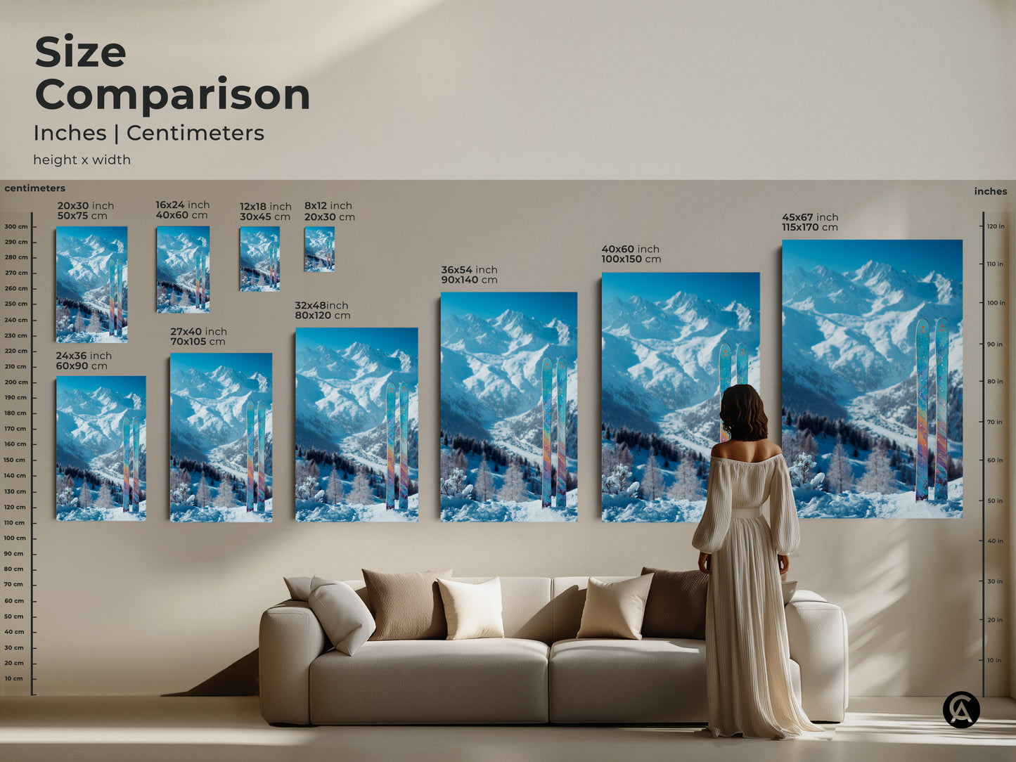 Size comparison of snow mountain and skis artwork. Displayed in inches and centimeters. Choose from various sizes to suit your needs. Perfect for creating a focal point in any room. See how this winter landscape art transforms your living space.