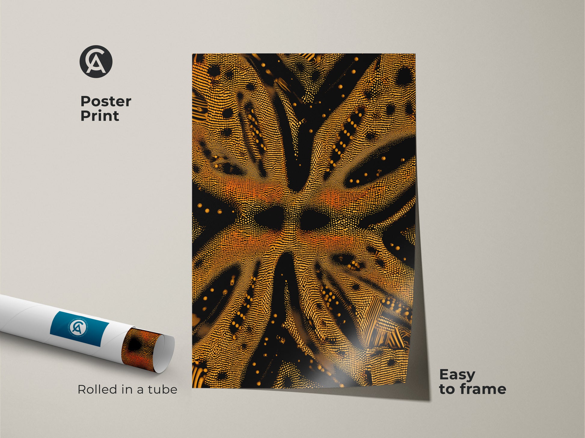 This is a poster print of geometric dotted wall art. The goldenrod and black abstract art is easy to frame. The rolled abstract print is a housewarming gift for art enthusiasts. It's a minimalist and unique office art.