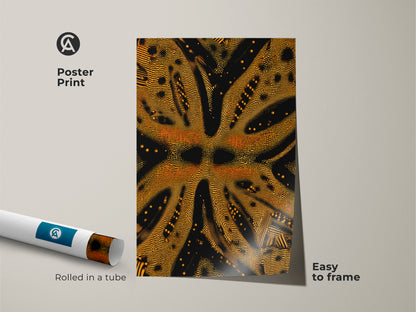 This is a poster print of geometric dotted wall art. The goldenrod and black abstract art is easy to frame. The rolled abstract print is a housewarming gift for art enthusiasts. It's a minimalist and unique office art.