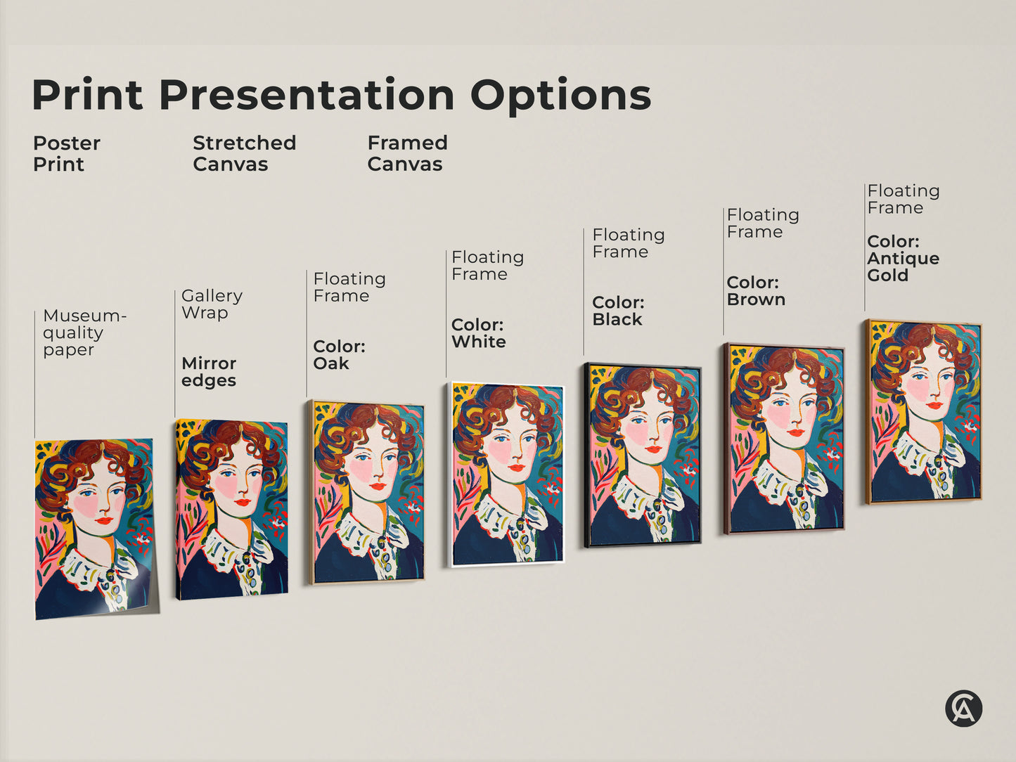 Explore print presentation options for this portrait artwork. Choose from poster stretched canvas or framed canvas. Customize your wall decor with museum-quality paper gallery wrap or floating frames. Transform your space with art.