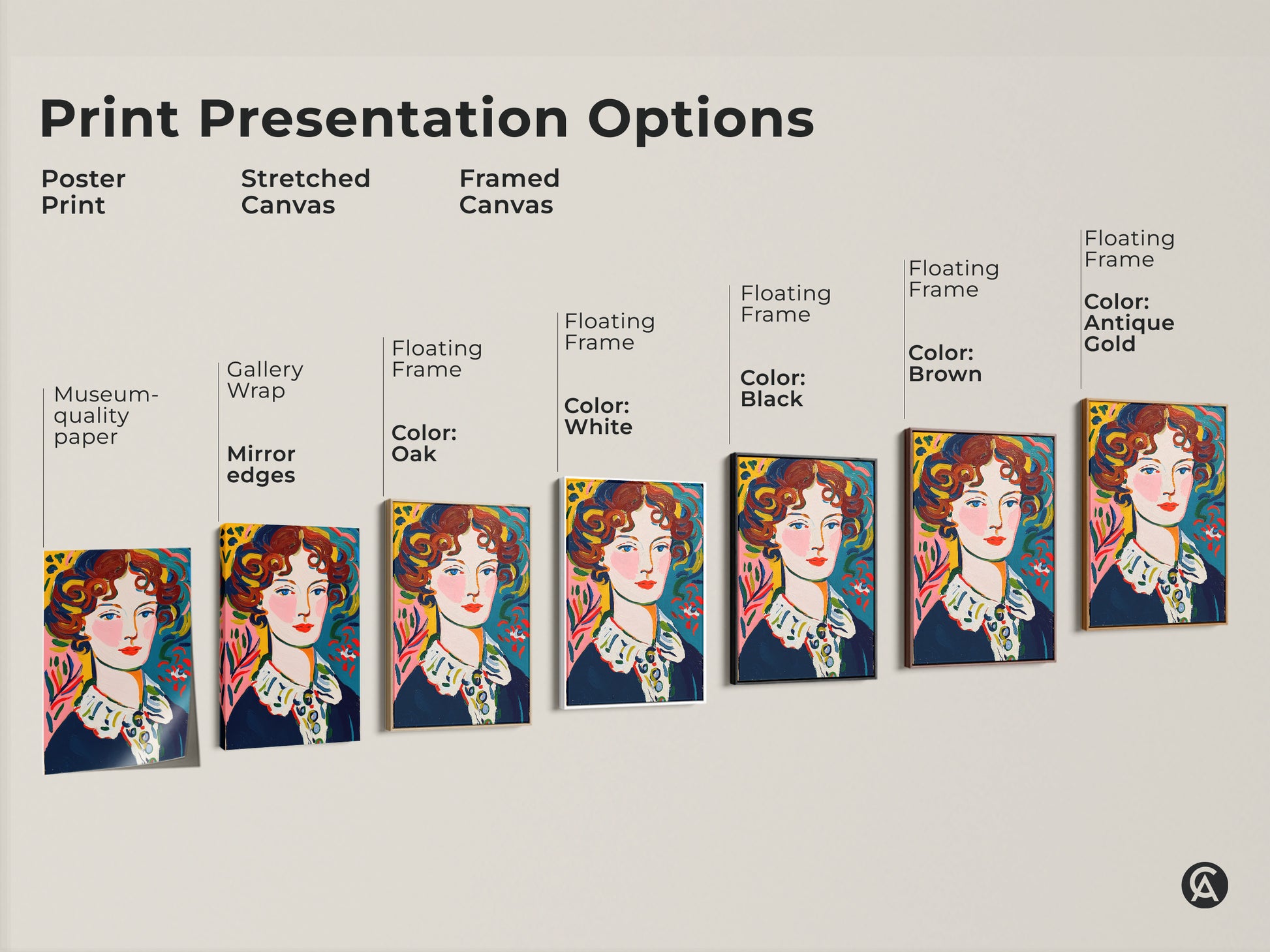 Explore print presentation options for this portrait artwork. Choose from poster stretched canvas or framed canvas. Customize your wall decor with museum-quality paper gallery wrap or floating frames. Transform your space with art.