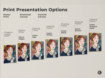 Explore print presentation options for this portrait artwork. Choose from poster stretched canvas or framed canvas. Customize your wall decor with museum-quality paper gallery wrap or floating frames. Transform your space with art.