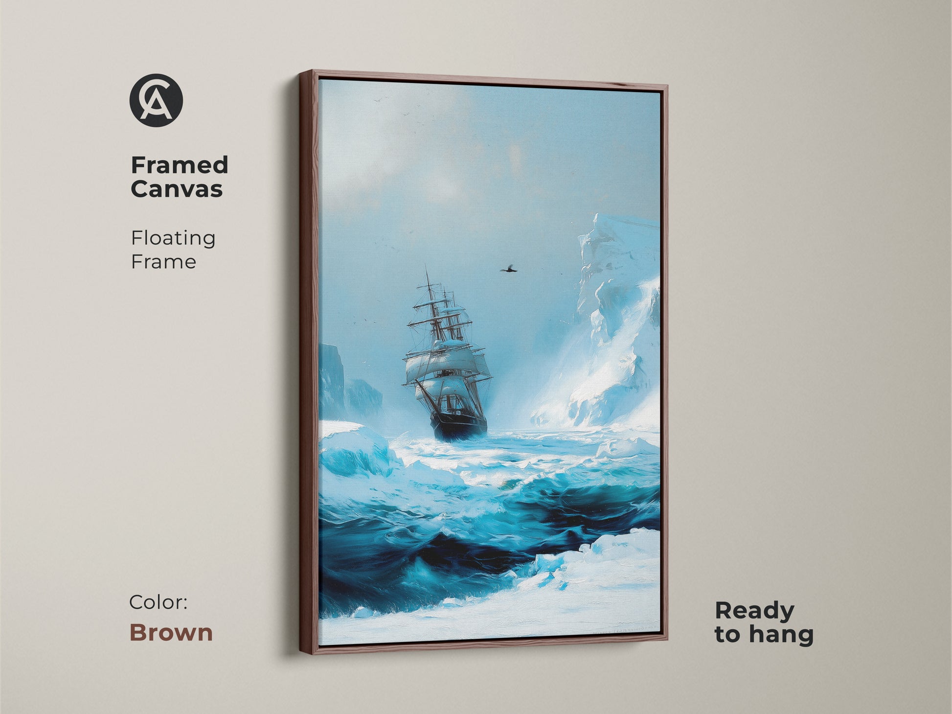 A framed canvas shows a tall ship in arctic waters with a brown floating frame. This nautical wall art enhances any room with its ocean blue seascape and maritime adventure theme.
