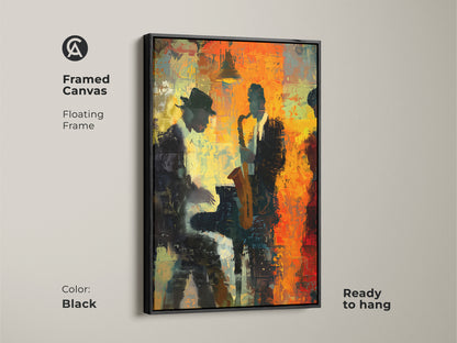 Framed canvas art print of a jazz club scene. The black floating frame adds a touch of sophistication to the artwork. This piece is ready to hang and will enhance any space. The painting evokes the atmosphere of a live jazz performance.