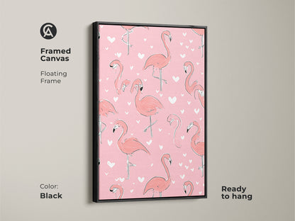 Framed canvas with floating frame featuring a coral pink flamingo art print. The boho heart pattern adds a cute touch to this animal artwork. This flamingo themed artwork is ready to hang. A playful piece brings a whimsical feel and a pop of color.