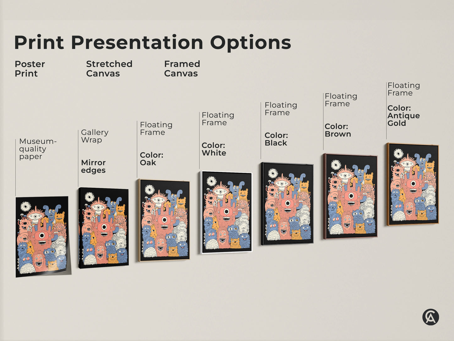 Presentation of kids wall art print options. Choose from poster prints stretched canvas and framed canvas. The artwork features doodle style monsters in coral orange and blue. Perfect for a kids room or as a unique gift.