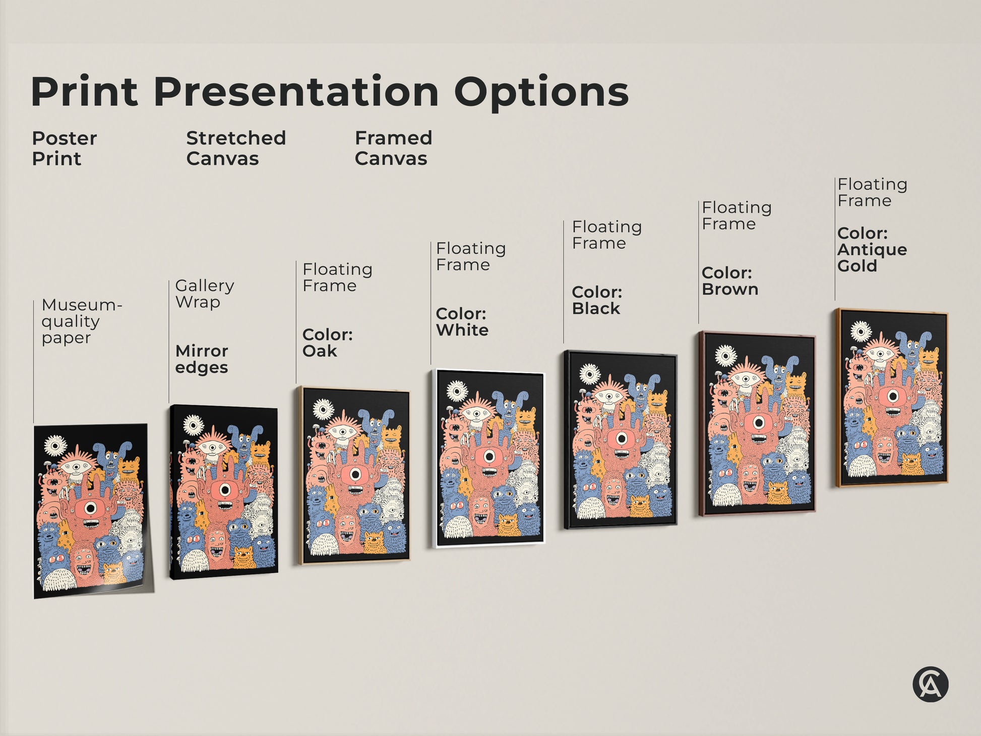 Presentation of kids wall art print options. Choose from poster prints stretched canvas and framed canvas. The artwork features doodle style monsters in coral orange and blue. Perfect for a kids room or as a unique gift.