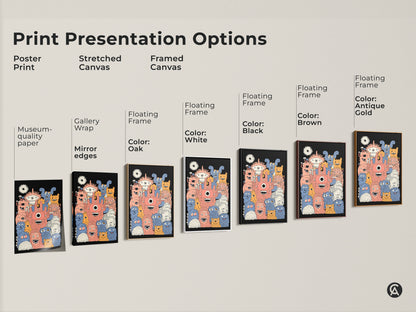 Presentation of kids wall art print options. Choose from poster prints stretched canvas and framed canvas. The artwork features doodle style monsters in coral orange and blue. Perfect for a kids room or as a unique gift.