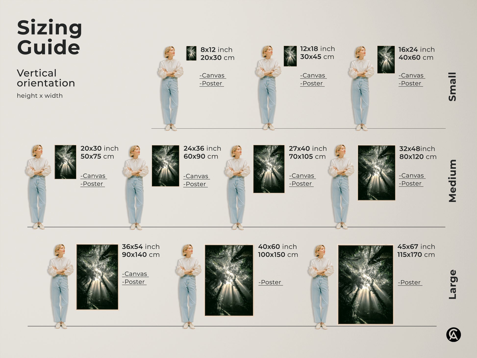 Sizing guide for vertical emerald forest canvas and poster prints. Various sizes are shown with models. Find the ideal fit for your space. Transform your home with this stunning artwork.
