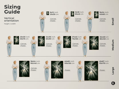 Sizing guide for vertical emerald forest canvas and poster prints. Various sizes are shown with models. Find the ideal fit for your space. Transform your home with this stunning artwork.