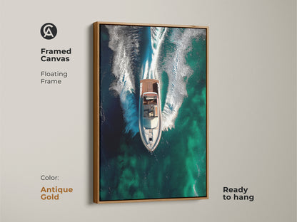 This framed canvas art displays a floating frame in antique gold. The abstract speedboat canvas print features teal ocean waves. It's a modern contemporary decor piece for boat lovers. This nautical abstract print enhances any room. It's ready to hang.