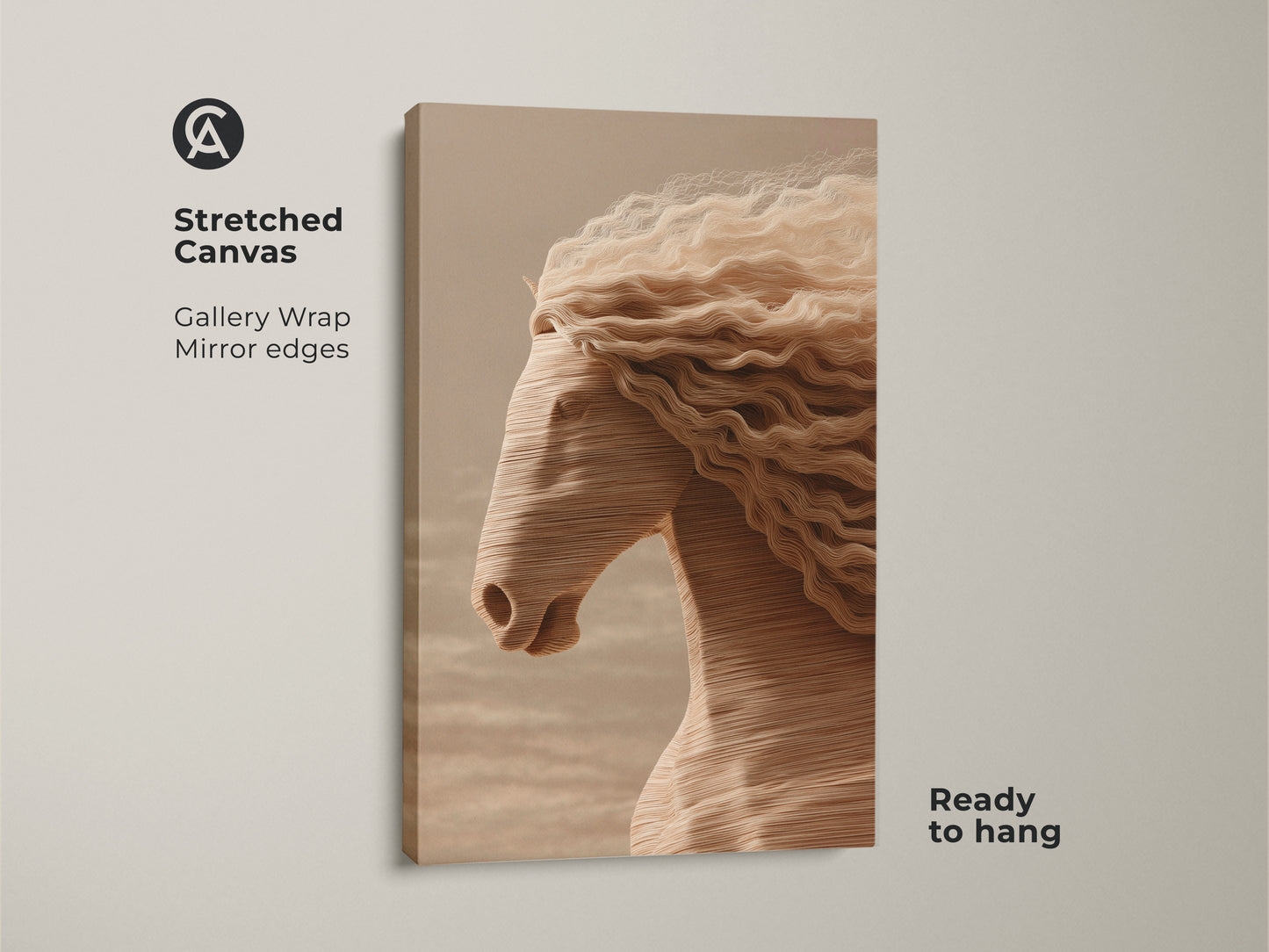 Stretched canvas print of a minimalist horse head artwork. This abstract horse canvas features cream and tan hues. The gallery wrap with mirrored edges offers a modern touch. Ready to hang this equestrian art piece instantly elevates your home decor.