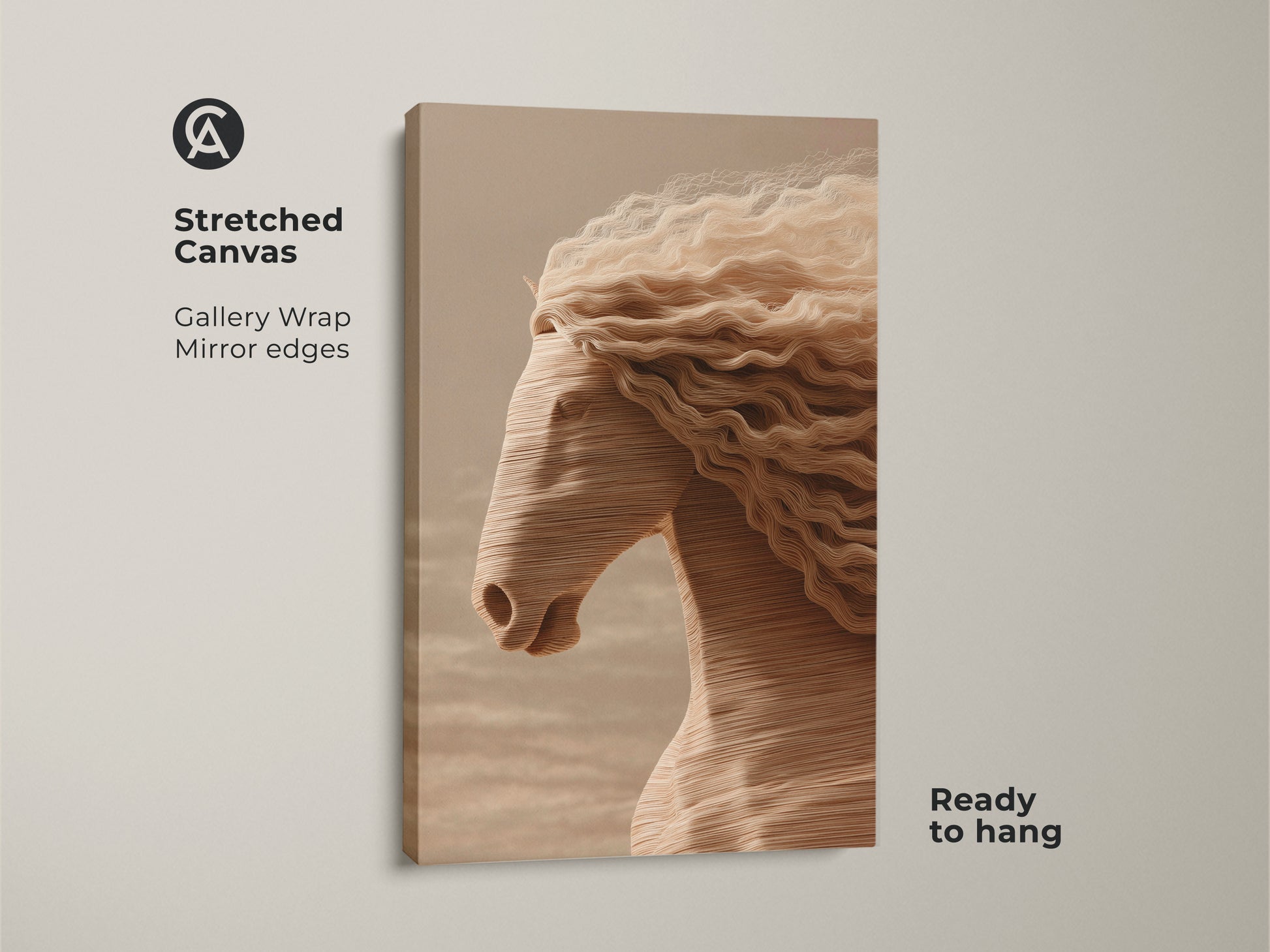 Stretched canvas print of a minimalist horse head artwork. This abstract horse canvas features cream and tan hues. The gallery wrap with mirrored edges offers a modern touch. Ready to hang this equestrian art piece instantly elevates your home decor.