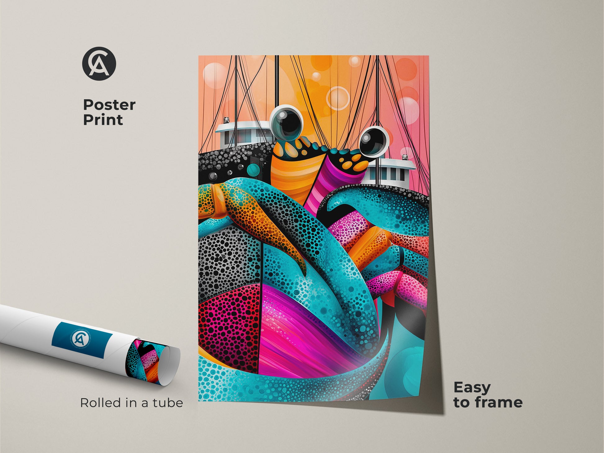 Poster print of an abstract crab. The rolled art features teal pink and orange colors. It is easy to frame. This marine life artwork is a unique nautical decor piece. This vibrant wall art is ideal for adding a pop of color. It's perfect for coastal-themed homes.