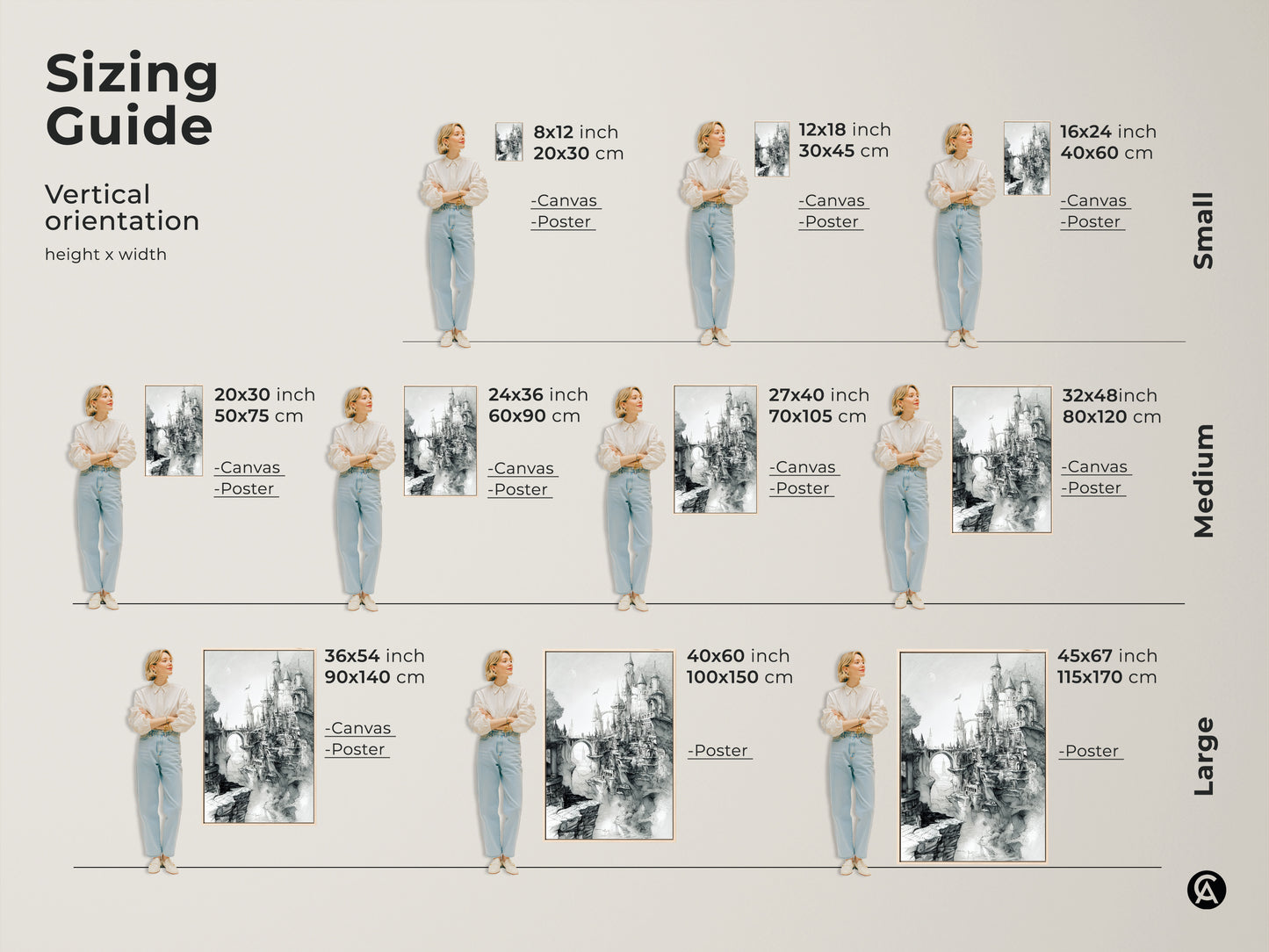 Sizing guide for vertical castle art. Available as canvas or poster in sizes from small to large. Find the perfect fit for your space. Transform your home with this medieval fantasy castle wall art today.