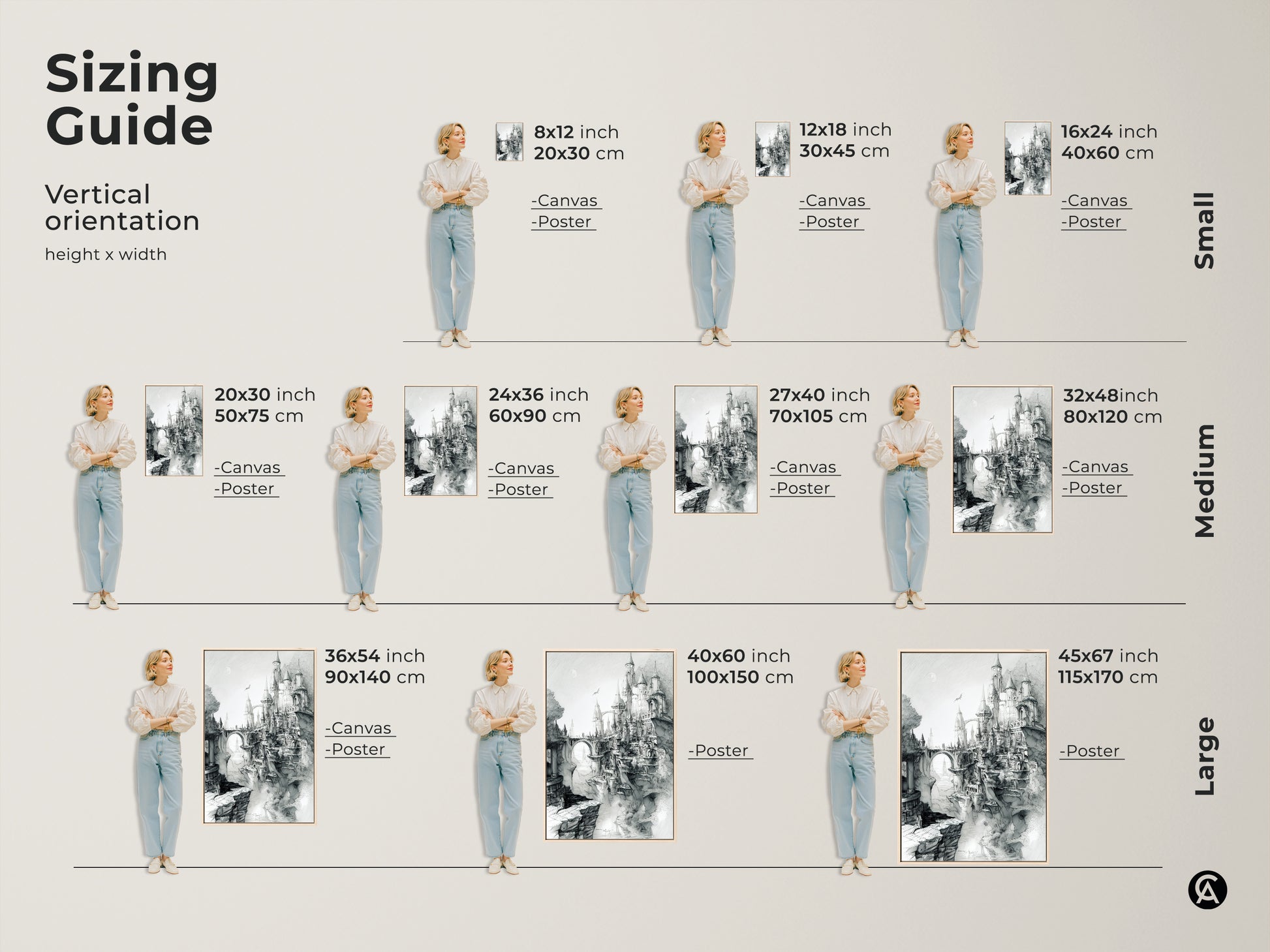 Sizing guide for vertical castle art. Available as canvas or poster in sizes from small to large. Find the perfect fit for your space. Transform your home with this medieval fantasy castle wall art today.