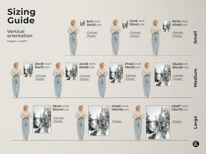 Sizing guide for vertical castle art. Available as canvas or poster in sizes from small to large. Find the perfect fit for your space. Transform your home with this medieval fantasy castle wall art today.