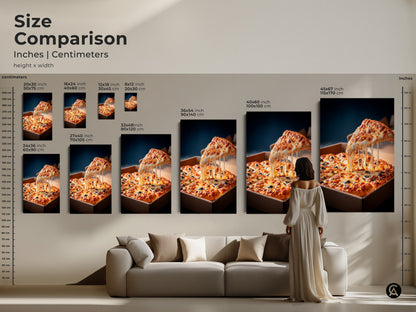 Size comparison of pizza artwork. See how the artwork looks in different sizes in a living room setting. Sizes range from 8x12 inches to 45x67 inches. Visualize the perfect fit for your home decor.