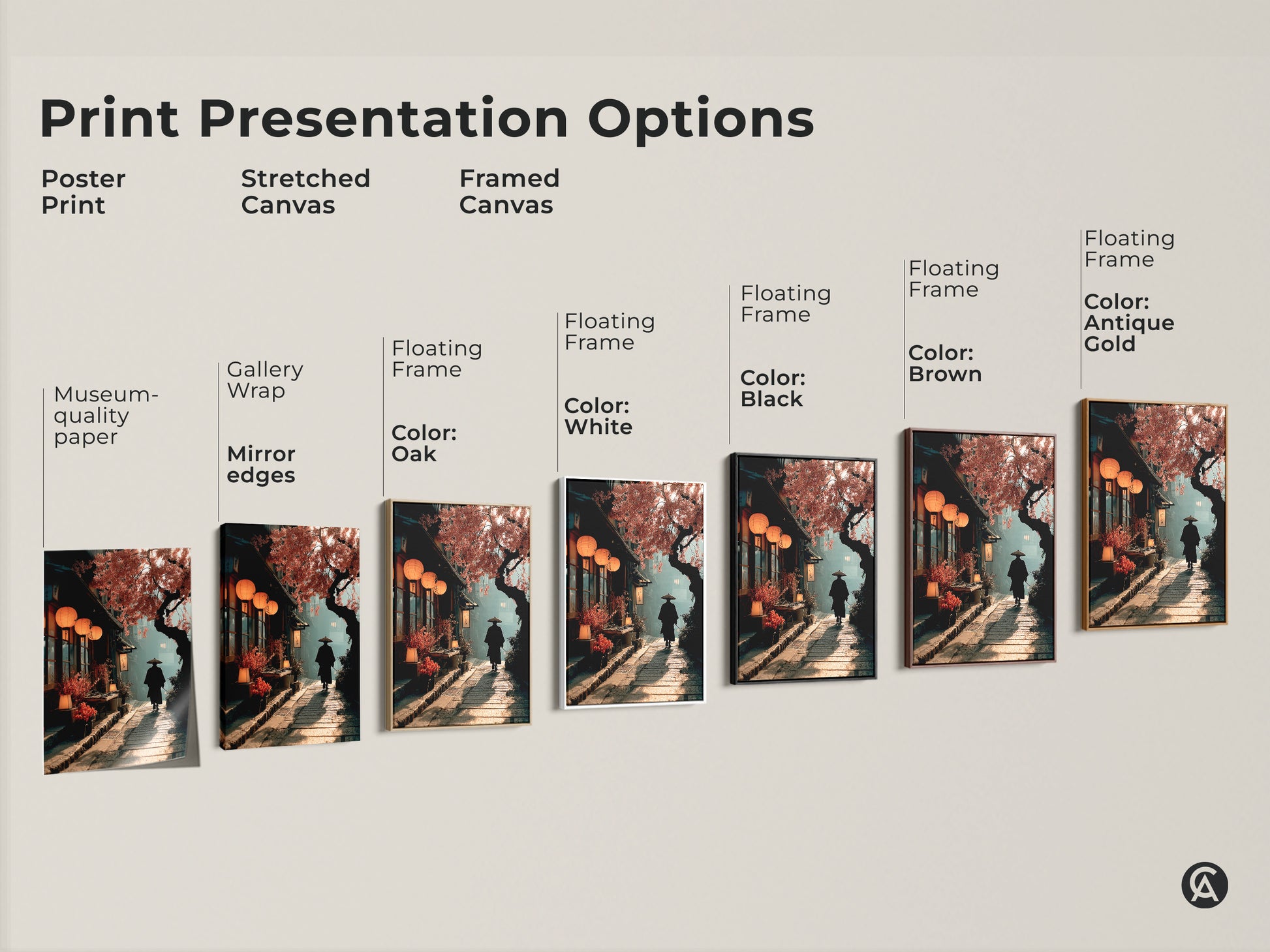 Explore the various print presentation options for this Japanese street scene canvas. Choose from poster print stretched or framed canvas. Each style highlights the warm orange and deep brown tones of the samurai and cherry blossom artwork. Enhance your space with this versatile Japandi wall decor.