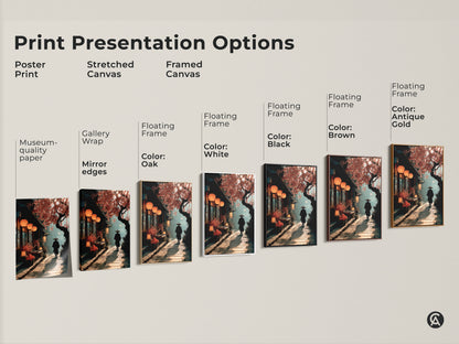 Explore the various print presentation options for this Japanese street scene canvas. Choose from poster print stretched or framed canvas. Each style highlights the warm orange and deep brown tones of the samurai and cherry blossom artwork. Enhance your space with this versatile Japandi wall decor.