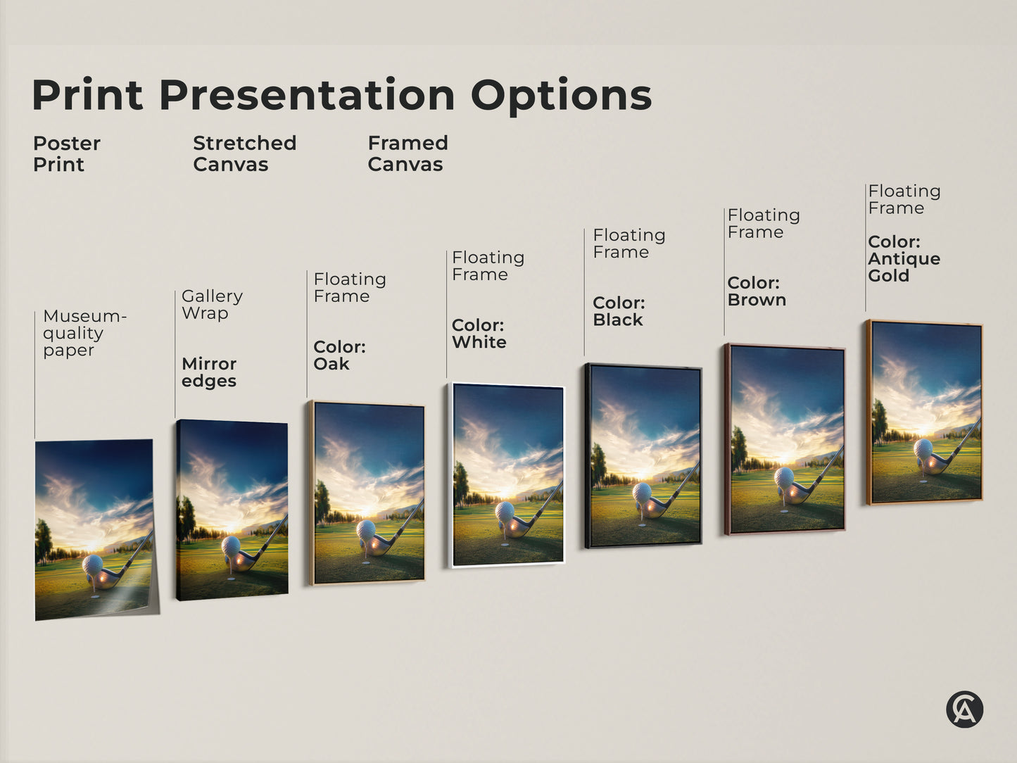 Presentation options for golf course artwork. Choose from poster prints stretched canvas or framed canvas. Various frame colors are available to match any interior style. Find the perfect piece.