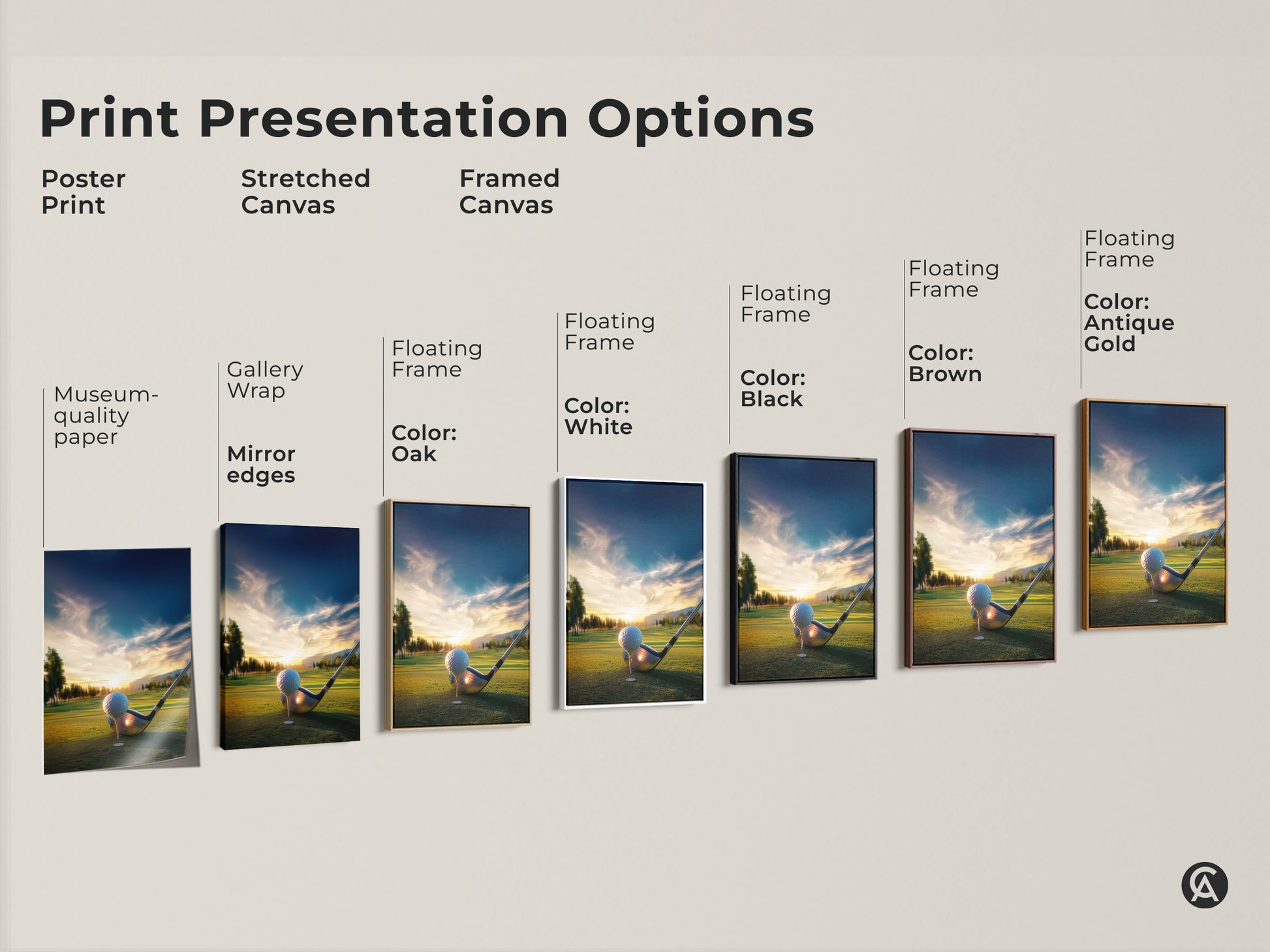 Presentation options for golf course artwork. Choose from poster prints stretched canvas or framed canvas. Various frame colors are available to match any interior style. Find the perfect piece.
