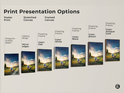 Presentation options for golf course artwork. Choose from poster prints stretched canvas or framed canvas. Various frame colors are available to match any interior style. Find the perfect piece.