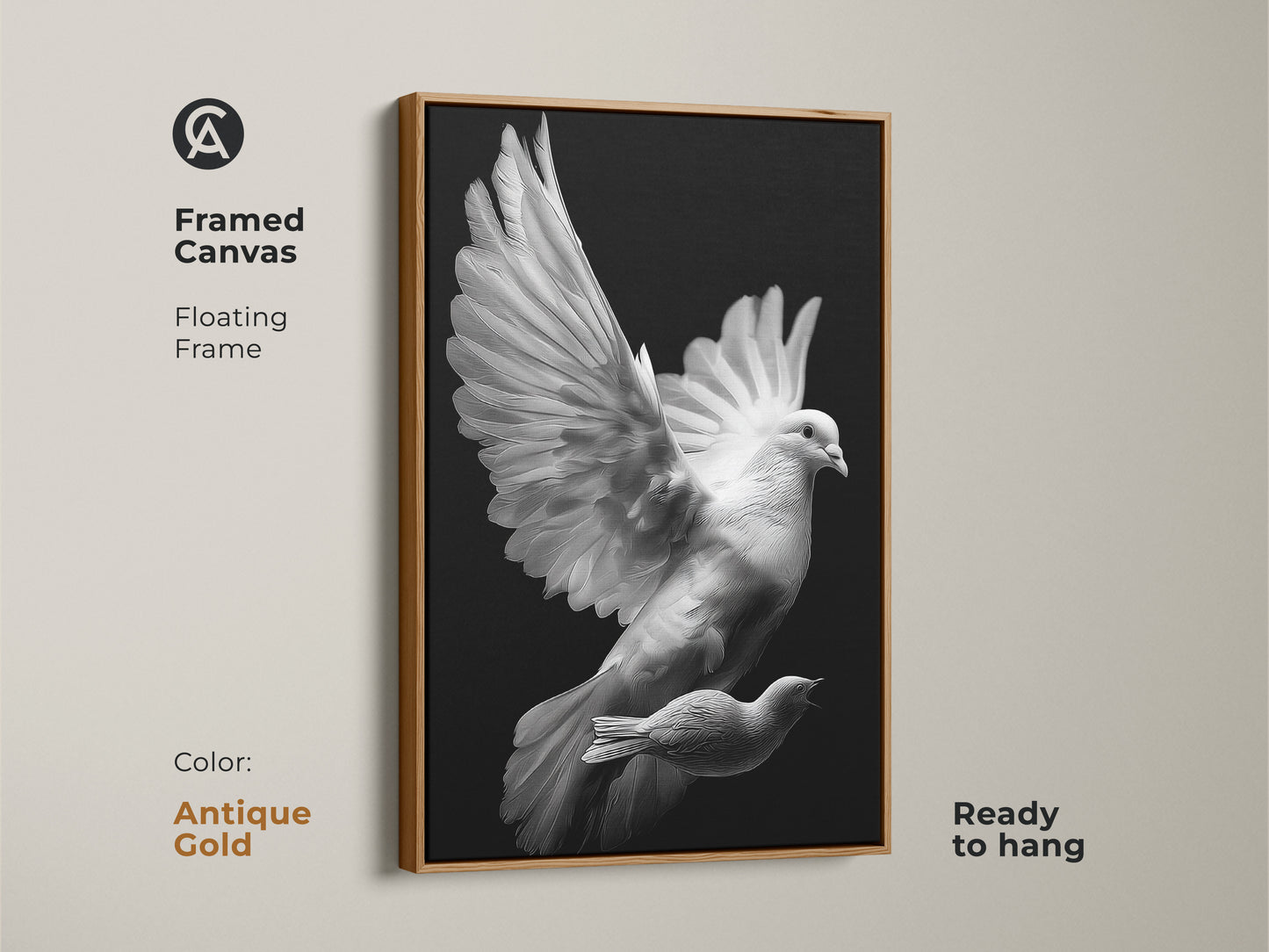 Framed monochrome dove art. It has a brown floating frame. It's a peaceful decor accent. The bird print is a spiritual gift. Black and white canvas enhances any room.
