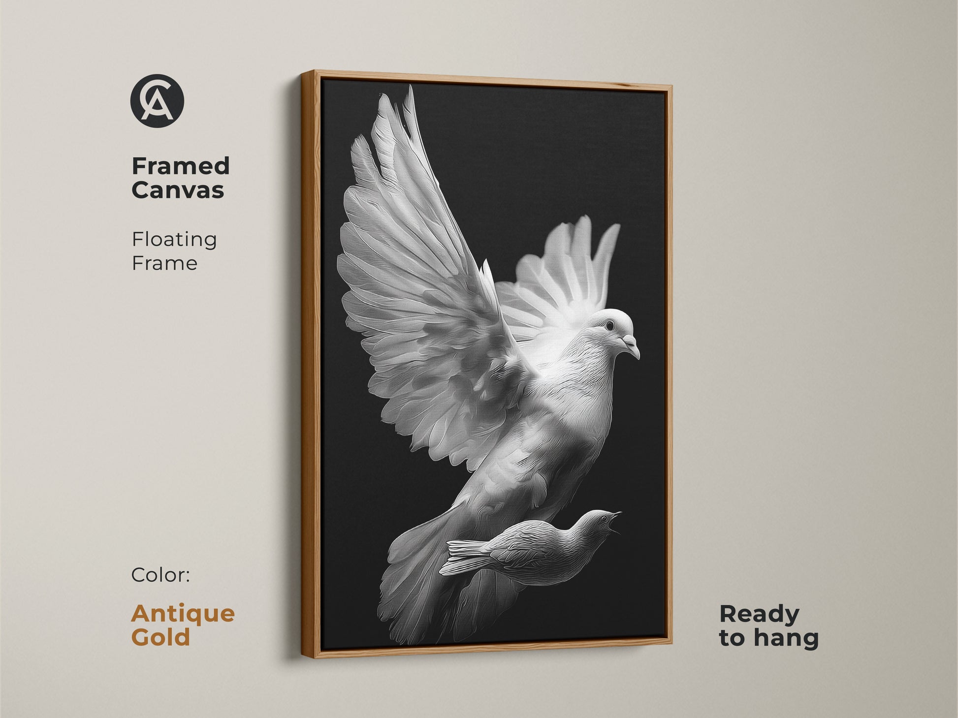 Framed monochrome dove art. It has a brown floating frame. It's a peaceful decor accent. The bird print is a spiritual gift. Black and white canvas enhances any room.