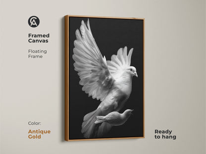 Framed monochrome dove art. It has a brown floating frame. It's a peaceful decor accent. The bird print is a spiritual gift. Black and white canvas enhances any room.