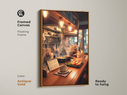 Framed canvas featuring a cozy ramen bar scene with an antique gold floating frame. Ready to hang this artwork brings the warmth of a Japanese eatery to your walls. Perfect for adding a touch of culinary art to your home decor