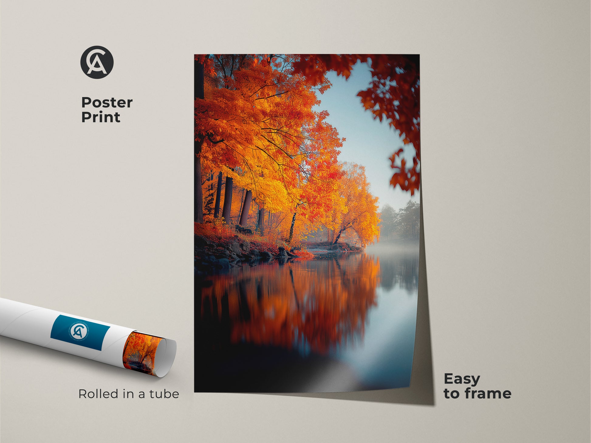Adorn your walls with this captivating autumn landscape poster print. The artwork captures the essence of fall with golden trees reflecting in a serene lake. Easy to frame and perfect for any room. This poster print brings a touch of nature's beauty into your home.
