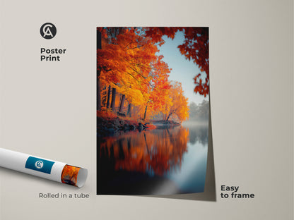 Adorn your walls with this captivating autumn landscape poster print. The artwork captures the essence of fall with golden trees reflecting in a serene lake. Easy to frame and perfect for any room. This poster print brings a touch of nature's beauty into your home.