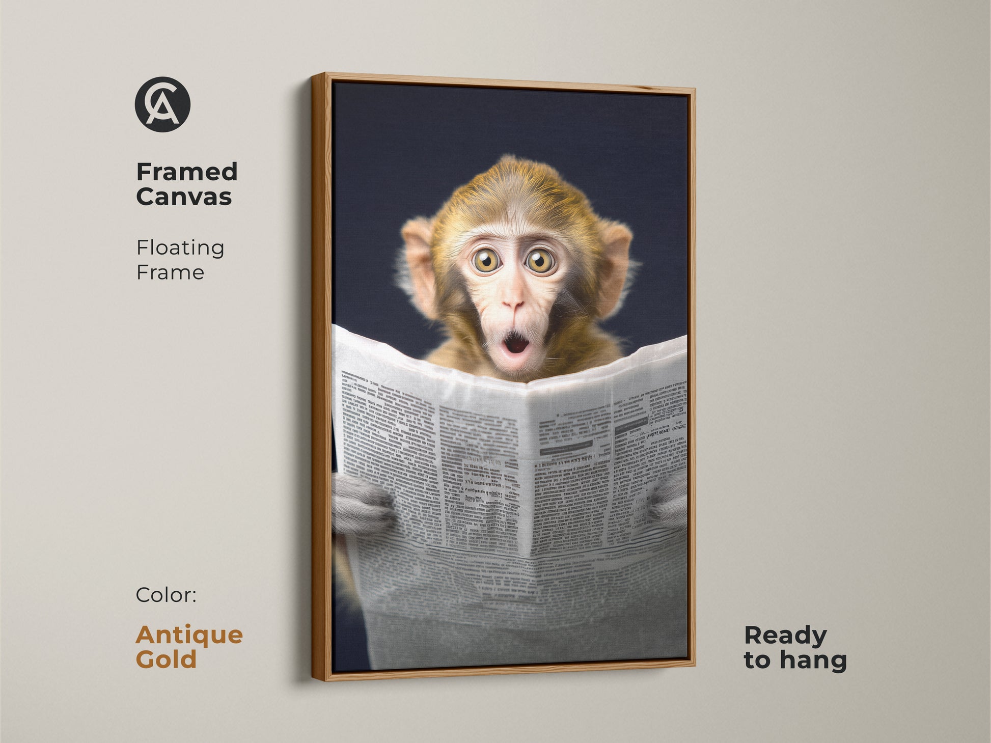 An antique gold framed canvas showcases a monkey reading a newspaper artwork. The floating frame elevates the eclectic animal portrait print. Ready to hang this unique wall hanging adds charm to any room. Perfect for study room wall art and creative office decor. This newspaper themed art is a great conversation starter. Animal lovers will adore this thoughtful gift.