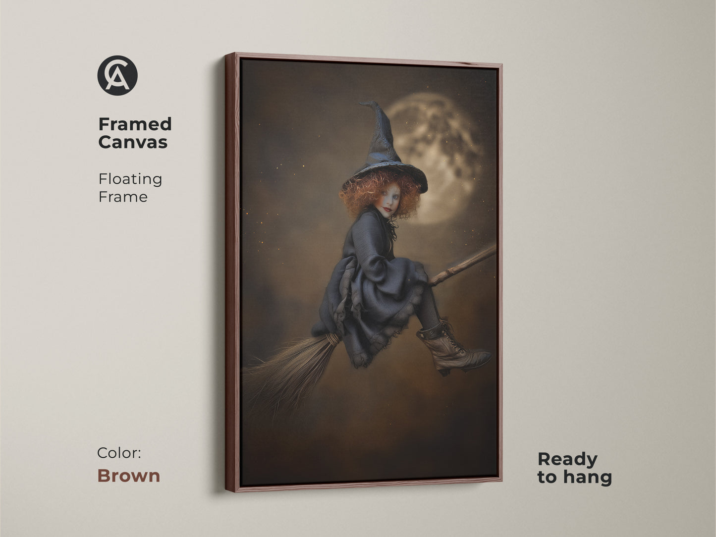 Brown Framed Canvas showcasing a gothic witch art print. The floating frame adds a touch of elegance to this Halloween themed art. This sepia tone artwork is ready to hang. It is perfect for eclectic wall hanging.