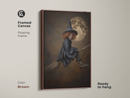 Brown Framed Canvas showcasing a gothic witch art print. The floating frame adds a touch of elegance to this Halloween themed art. This sepia tone artwork is ready to hang. It is perfect for eclectic wall hanging.