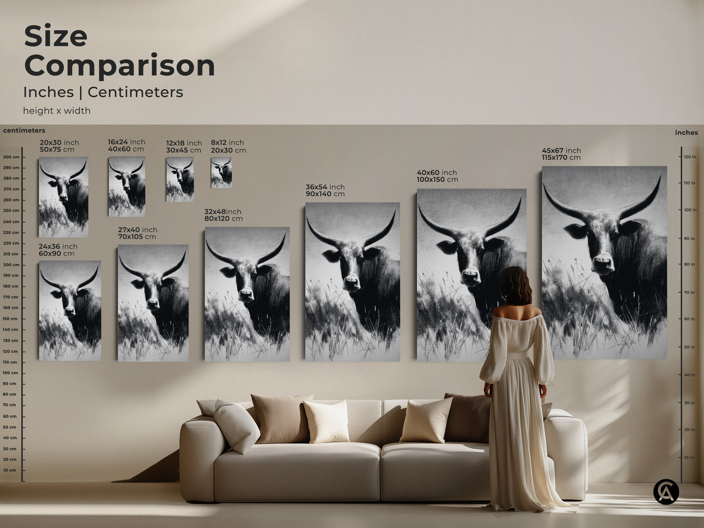 Size comparison of farmhouse bull art in inches and centimeters. Various sizes available for this canvas and poster print. See how it fits above a sofa. Find your perfect rustic artwork.