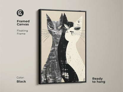 Framed canvas of a Mid-Century Modern cat art with a floating frame in black. This minimalist cat decor features two cats in a black and white linocut style. It's a ready-to-hang stylish home art for living rooms or bedrooms.