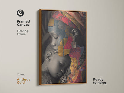 Framed canvas displaying an African Mother and Child cultural collage. The antique gold floating frame accentuates the red gold and blue abstract art. A ready to hang eclectic home decor print for a unique family portrait.