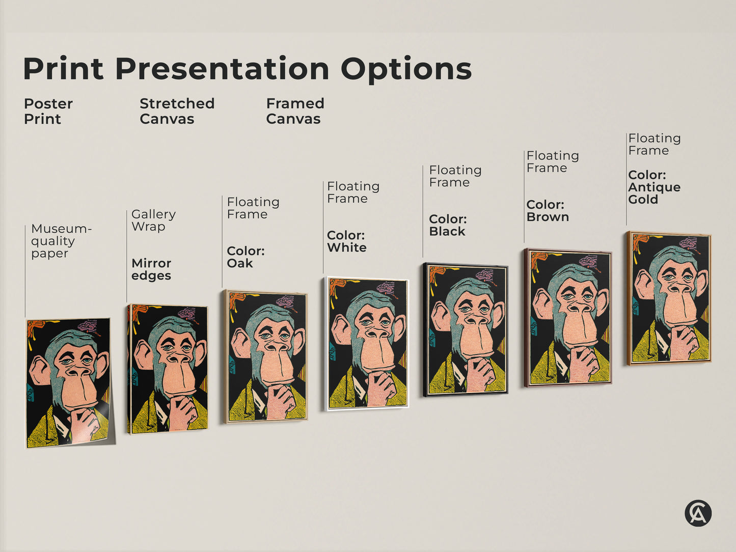 Various print presentation options are available. Choose from poster prints stretched canvas and framed canvas options. Find the perfect fit for your space. Display your favorite Bored Ape NFT artwork in style.