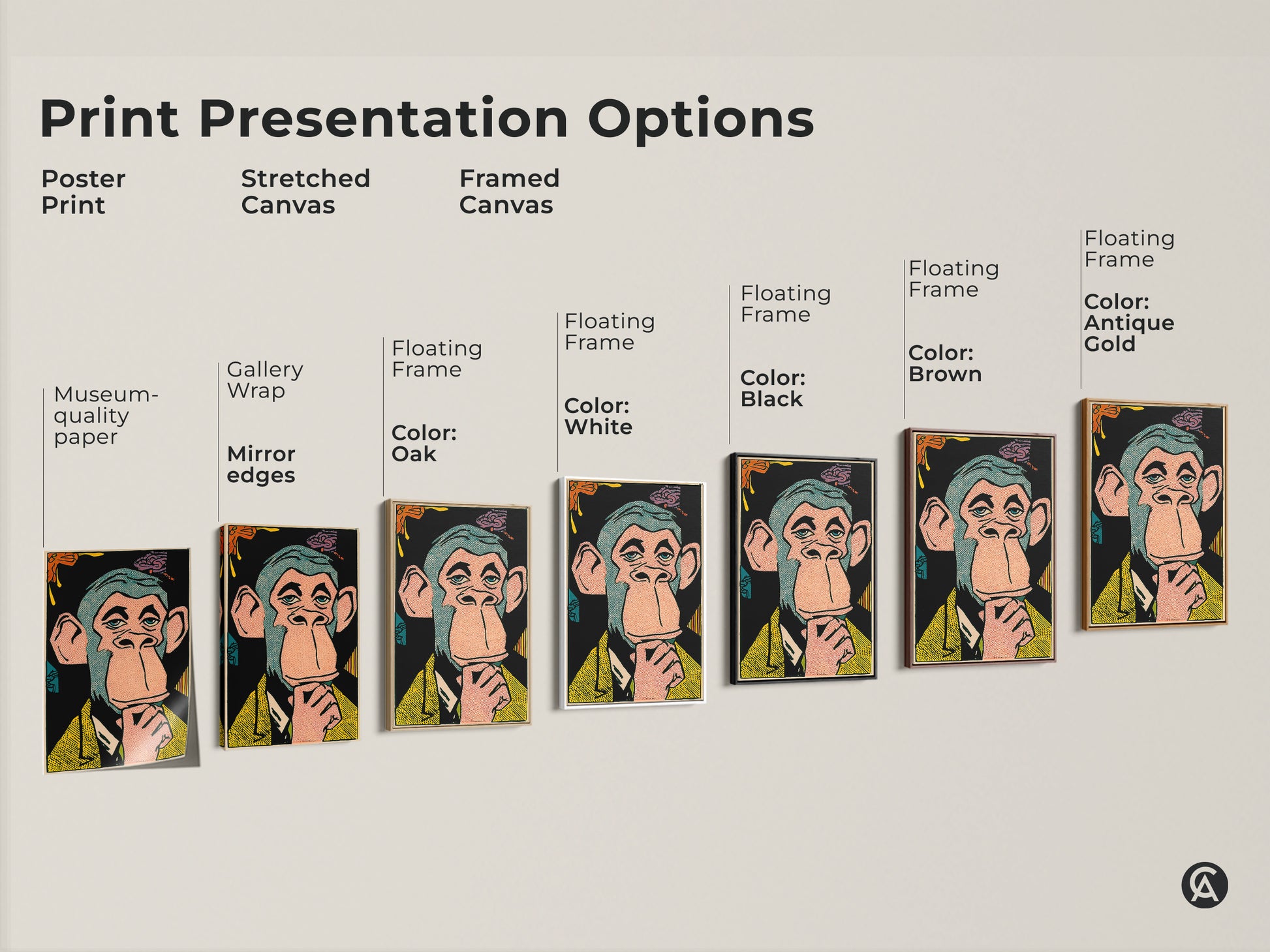 Various print presentation options are available. Choose from poster prints stretched canvas and framed canvas options. Find the perfect fit for your space. Display your favorite Bored Ape NFT artwork in style.