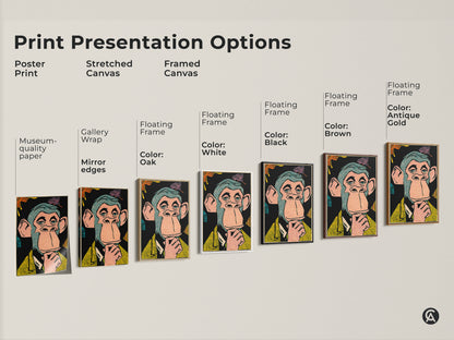 Various print presentation options are available. Choose from poster prints stretched canvas and framed canvas options. Find the perfect fit for your space. Display your favorite Bored Ape NFT artwork in style.