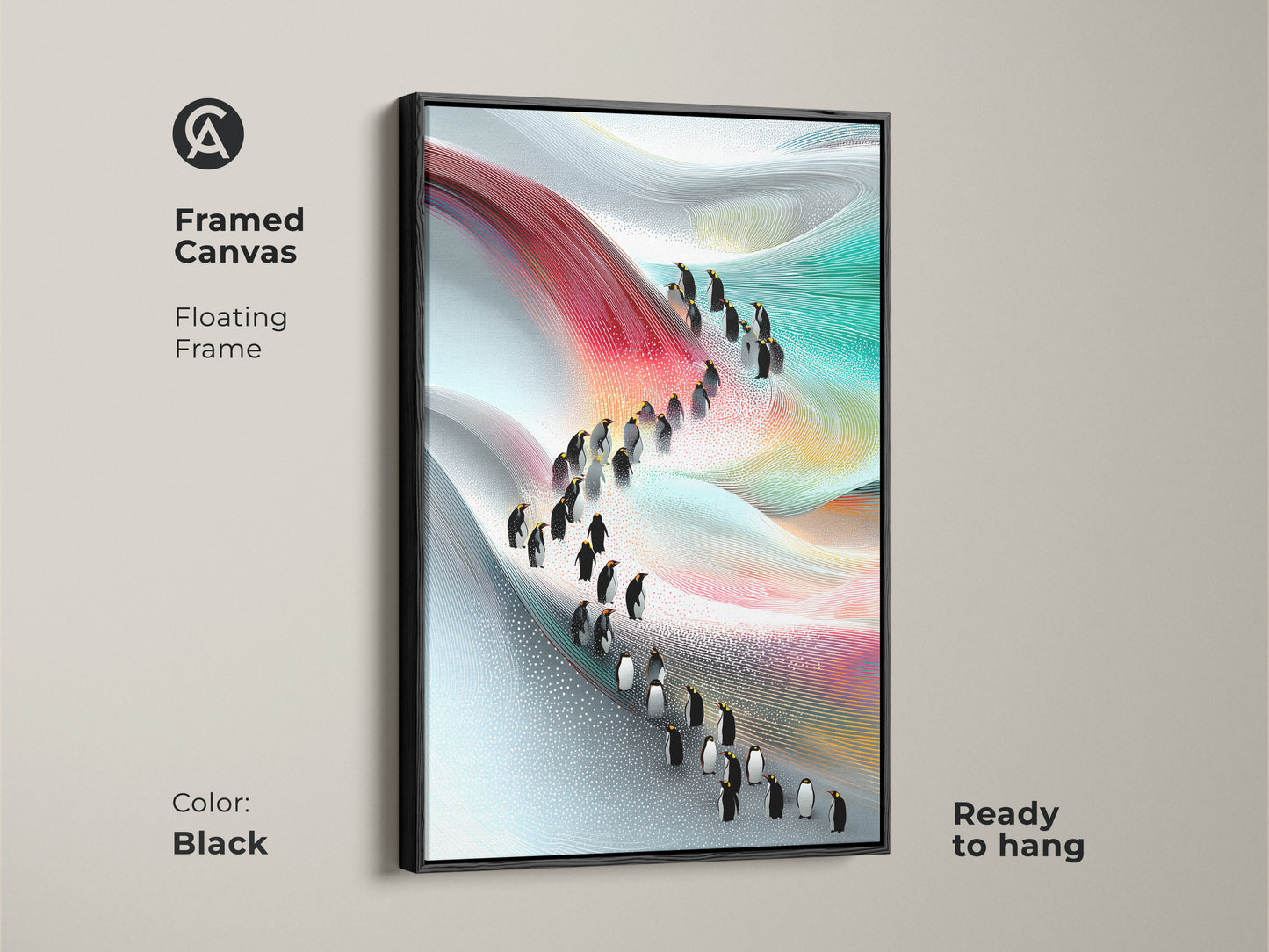 Framed canvas with a floating frame displaying an abstract penguin art print. The contemporary artwork features a red blue and teal landscape enhancing its modern aesthetic. This animal artwork is ready to hang and adds a sophisticated touch to any space in a black frame.