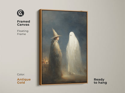 Framed canvas featuring a gothic wizard and ghost in an antique gold floating frame. Ready to hang this supernatural fantasy art. The dark academia style adds a vintage touch to your eclectic gothic home decor.