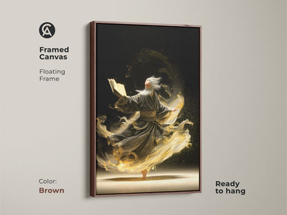 A framed canvas print features an elderly man reading a magic book. Swirling golden energy surrounds him in this fantasy art. The brown floating frame is ready to hang. This spiritual artwork adds an eclectic touch to any home decor.