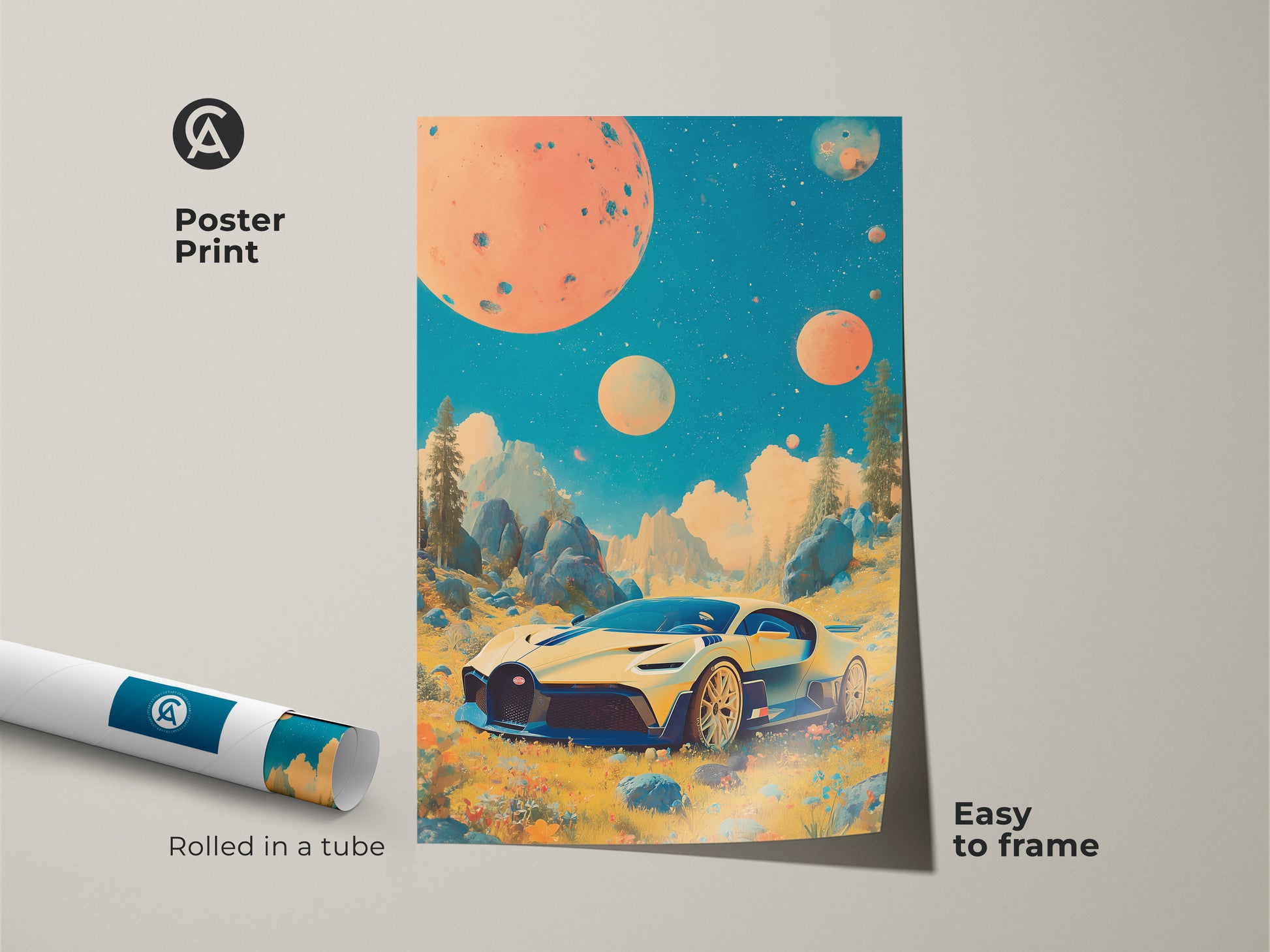 This poster print showcases a retrofuturistic sci fi car against a surreal planet backdrop. With teal orange yellow tones this automotive artwork is rolled in a tube and easy to frame. A great gift for car enthusiasts.