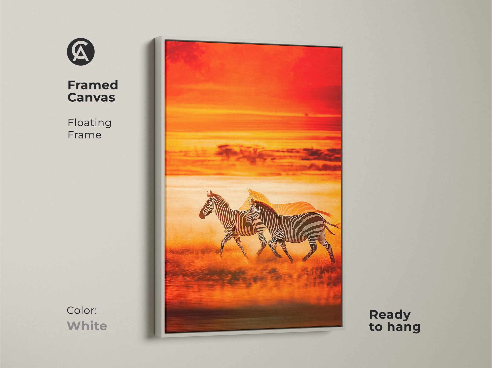 Framed canvas of zebras at sunset in white. The floating frame highlights savanna wildlife. Perfect for adding a touch of nature indoors. This animal art is ready to hang.