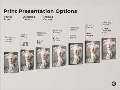 Explore print presentation options for surreal woman portrait art. Choose from poster prints and stretched canvases. Consider framed canvas with black brown oak or antique gold floating frames. Find eclectic peach gray bedroom decor.