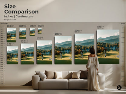 Compare sizes of our golf course artwork. From 8x12 inches to 45x67 inches find the ideal piece. Canvas and poster prints available. Visualize how each size transforms your living room. Elevate your space today.